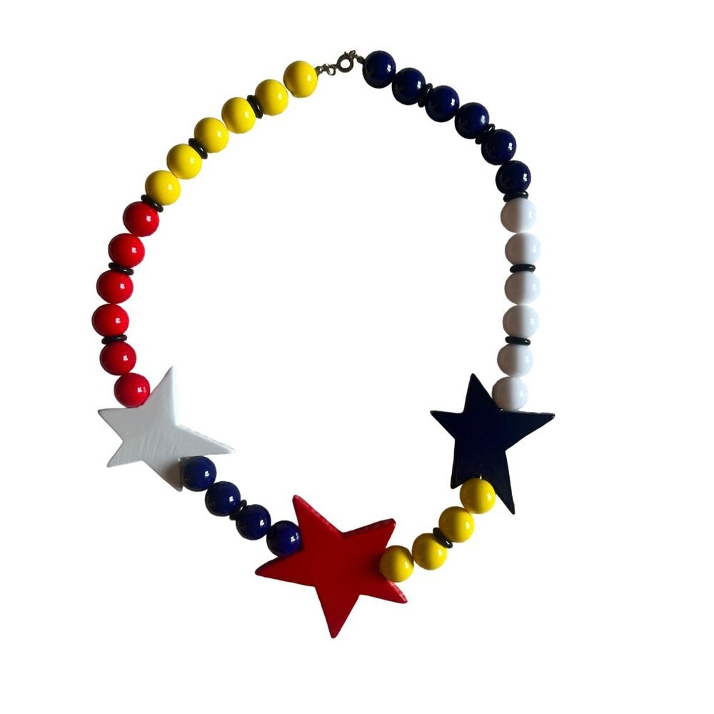 Vintage Stars Necklace Fun Red White Bue Yellow Beaded Necklace 20”